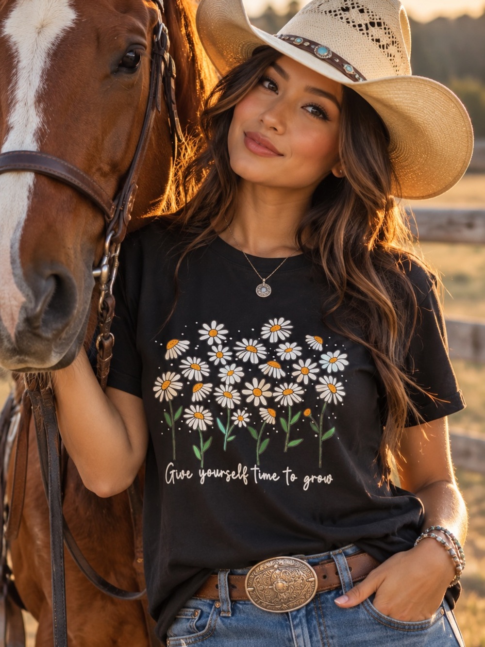 SHEIN Black Daisy Graphic Tee with Yellow Centers